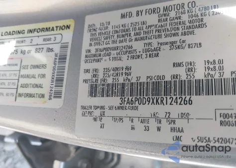 2019 Ford Fusion Titanium from USA, damaged, VIN 3FA6P0D9XKR124266
